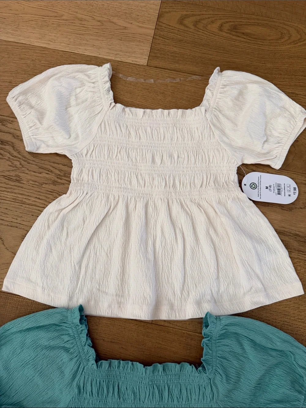Wonder Nation Smocked Peplum Tops - White & Teal Blue